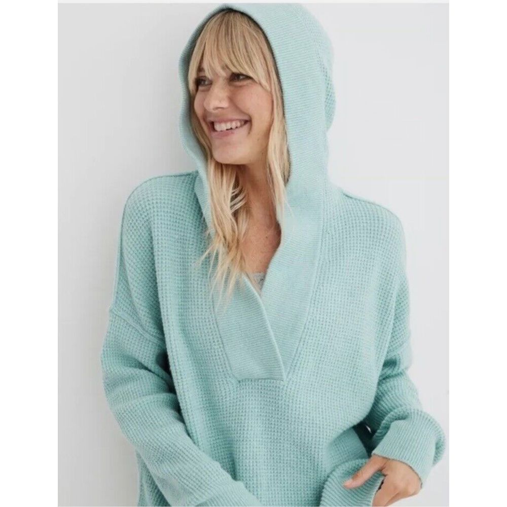 Aerie Hoodie Medium Waffle Knit Blue V Neck Oversized Chunky Stretch Lounge Cozy